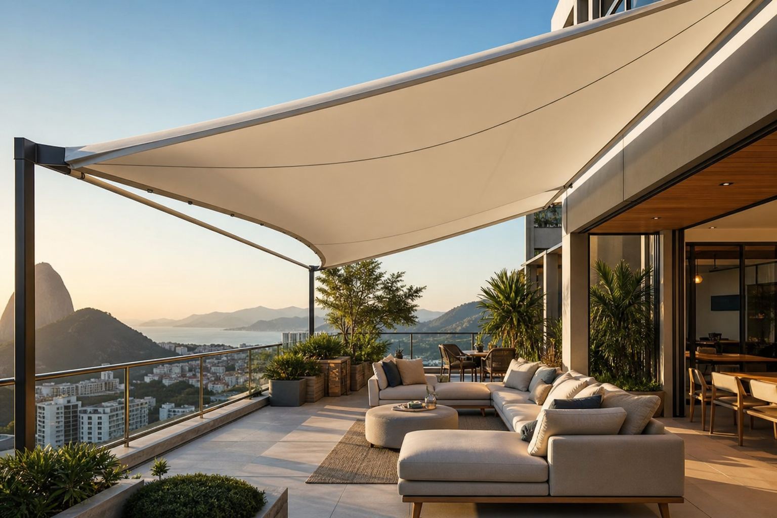 Lonas tensionadas para varandas altas: estética contemporânea com conforto e presença