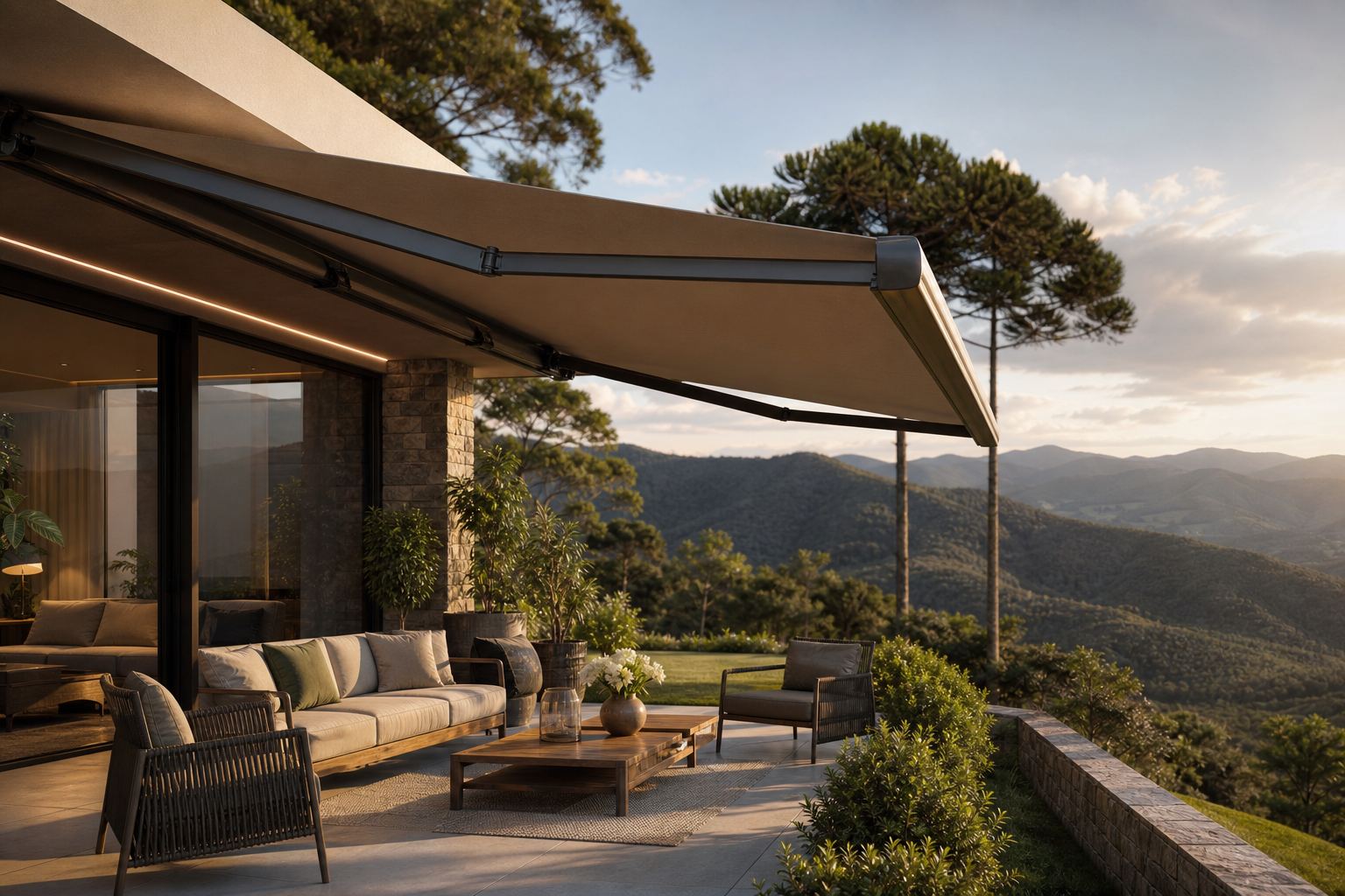 Cores e texturas de toldos que valorizam casas na montanha