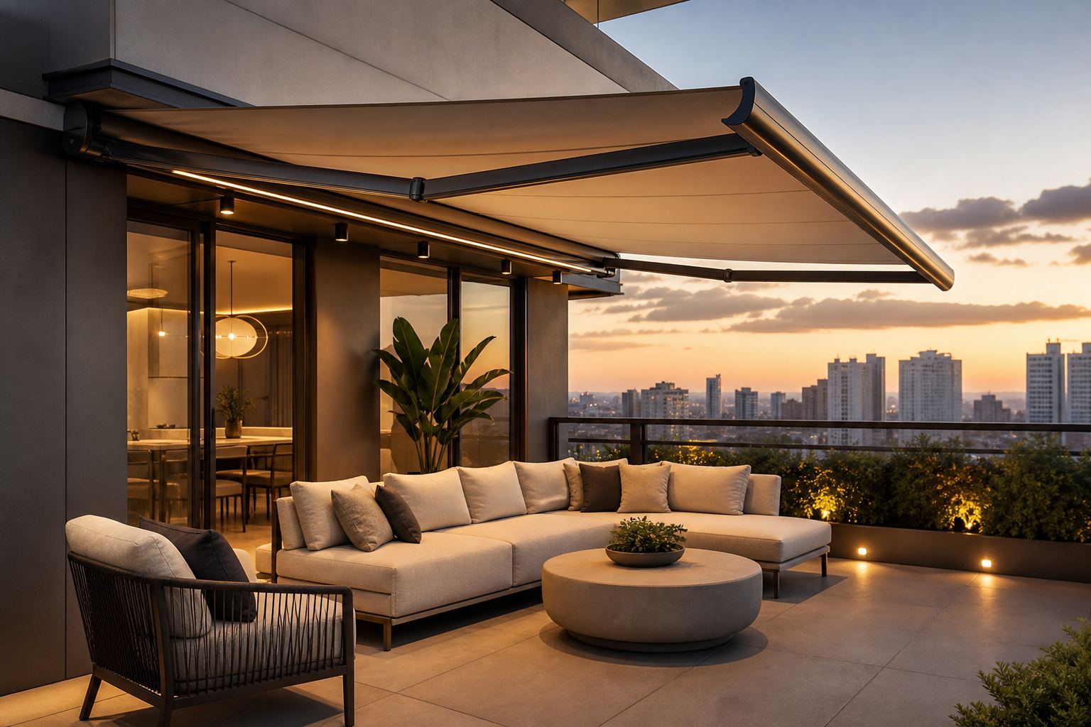 Como transformar o rooftop do apartamento em um lounge sofisticado com toldos articulados